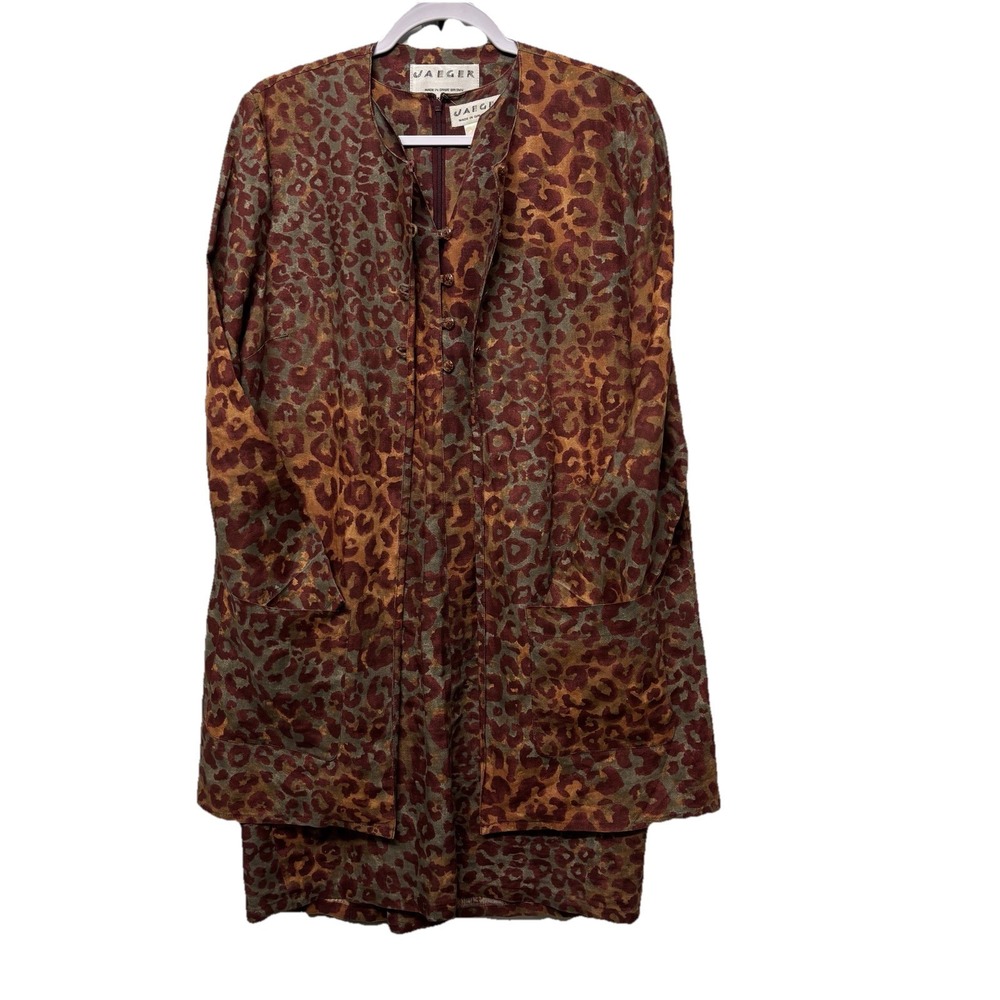 Jaeger UK Flax Linen Leopard Midi Blazer Chore Pockets SzM Lagenlook Oversized